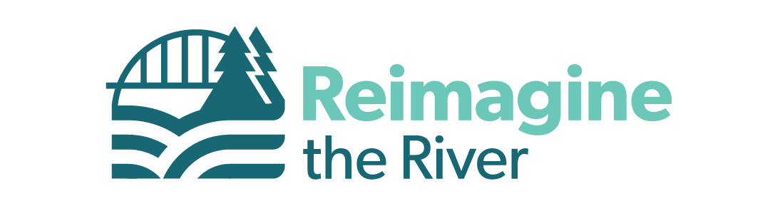 A logo featuring a bridge, fir trees, and stylized water with the words "Reimagine the River" 